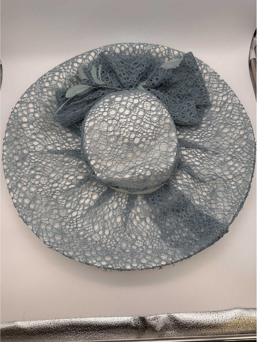 Bellissima Pale Blue Wide Brim Sun Hat with Lace and Feather